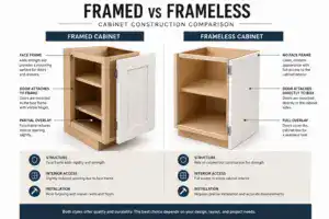 Side-by-side comparison of framed vs frameless cabinet construction showing light wood boxes, white door overlay, shelves, and labeled features for kitchen cabinet design