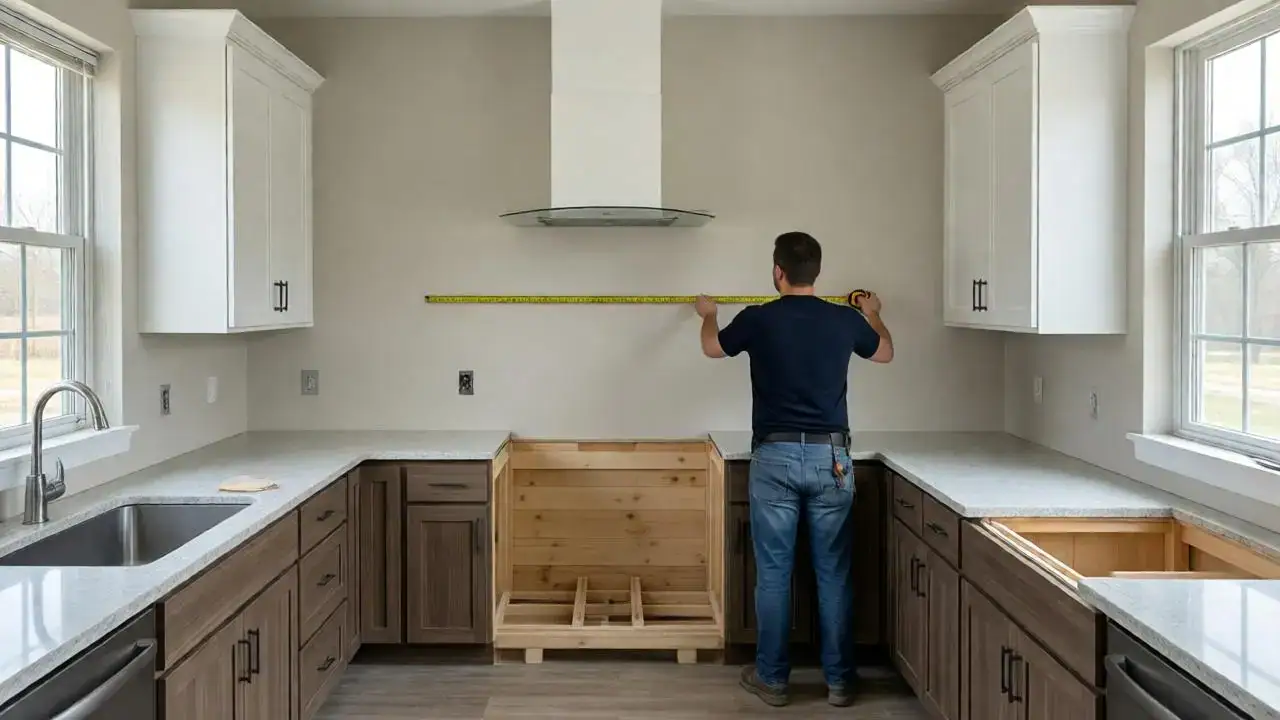 Transitional kitchen with two-tone custom cabinets, white shaker uppers, walnut lower cabinets, quartz counters, installer measuring
