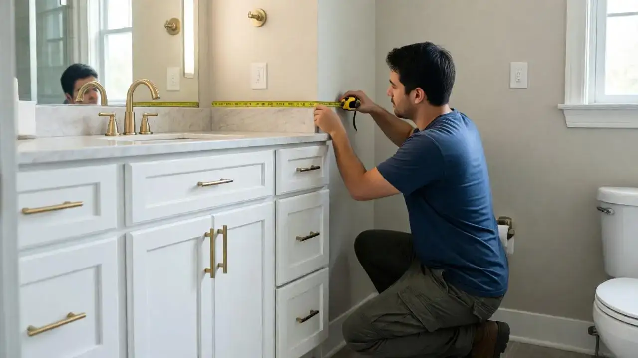 White shaker bathroom vanity with brass hardware, marble-look quartz countertop and technician measuring for custom cabinets