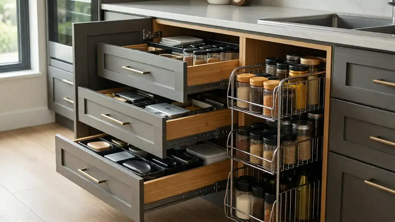 Matte gray shaker kitchen cabinets with brass pulls, bamboo-lined pull-out drawers and wire spice rack for custom kitchen storage
