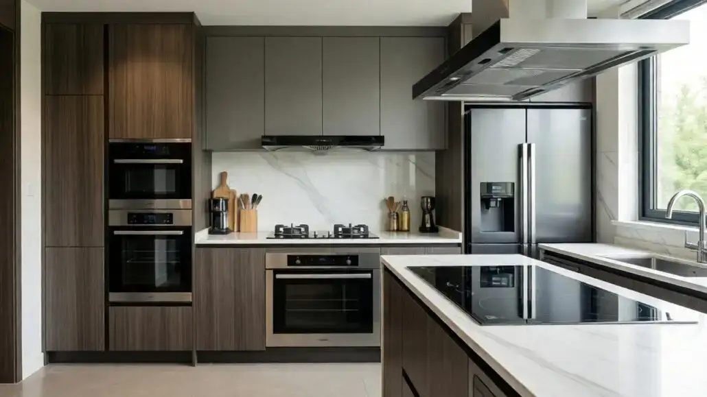 Modern kitchen with walnut flat-panel custom cabinets, matte gray upper cabinets, quartz countertops, and stainless steel appliances