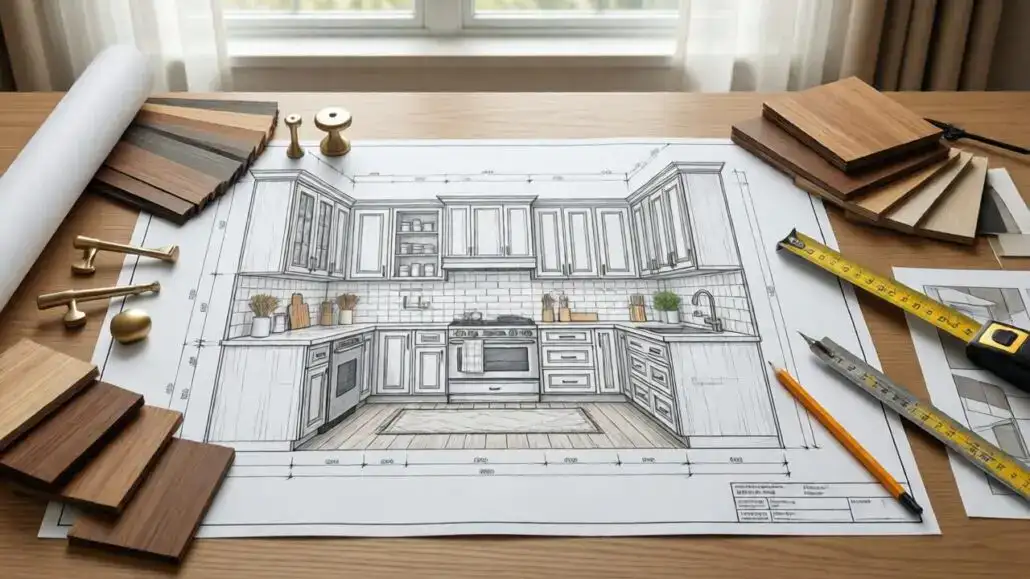 Traditional white shaker kitchen cabinet design sketch with subway tile backsplash, wood flooring samples and brass hardware