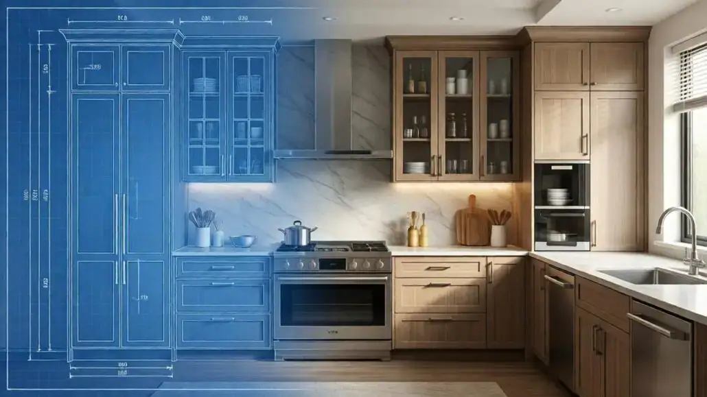 Light wood shaker kitchen cabinets with glass uppers, quartz counters, stainless range and integrated pantry—custom cabinet design.