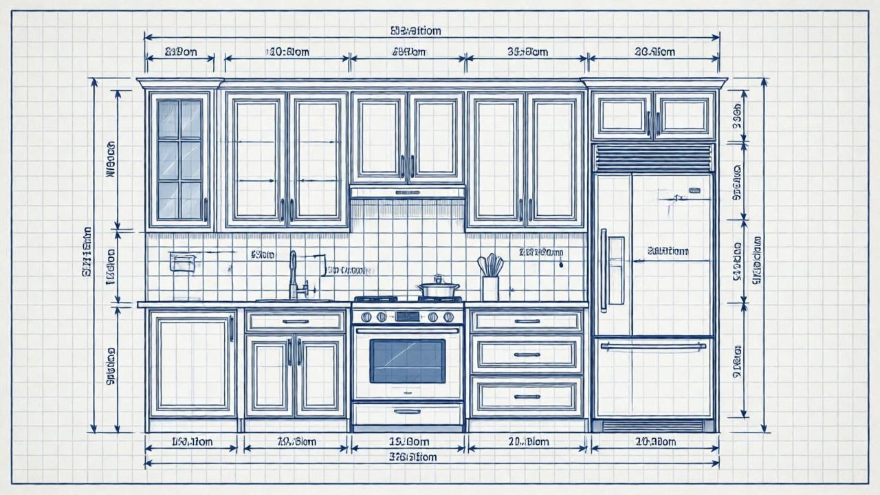 Blueprint-style kitchen elevation showing shaker-style upper and lower custom cabinets, tiled backsplash, range, and fridge layout