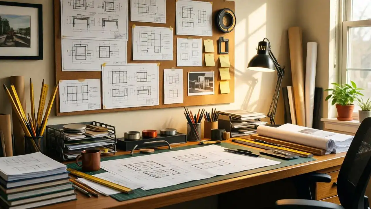 Wooden drafting desk with cabinet design blueprints, rolled plans, pencils, ruler and mood board for custom kitchen and cabinetry layouts